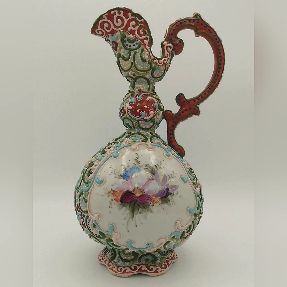 Antique MORIAGE ewer pitcher vase floral ornate porcelain white pastel